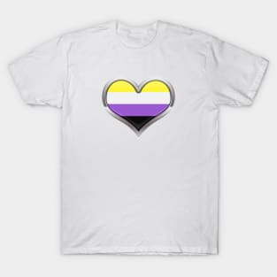 Large Non-Binary Pride Flag Colored Heart with Chrome Frame T-Shirt